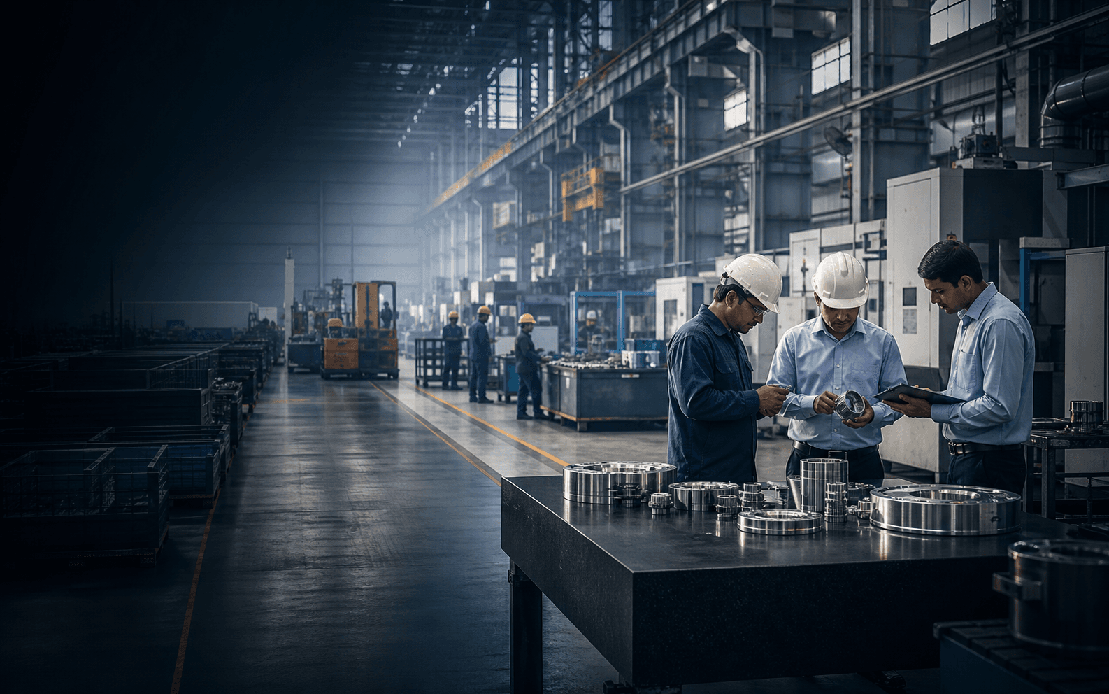 Engineering professionals reviewing precision components in a manufacturing facility