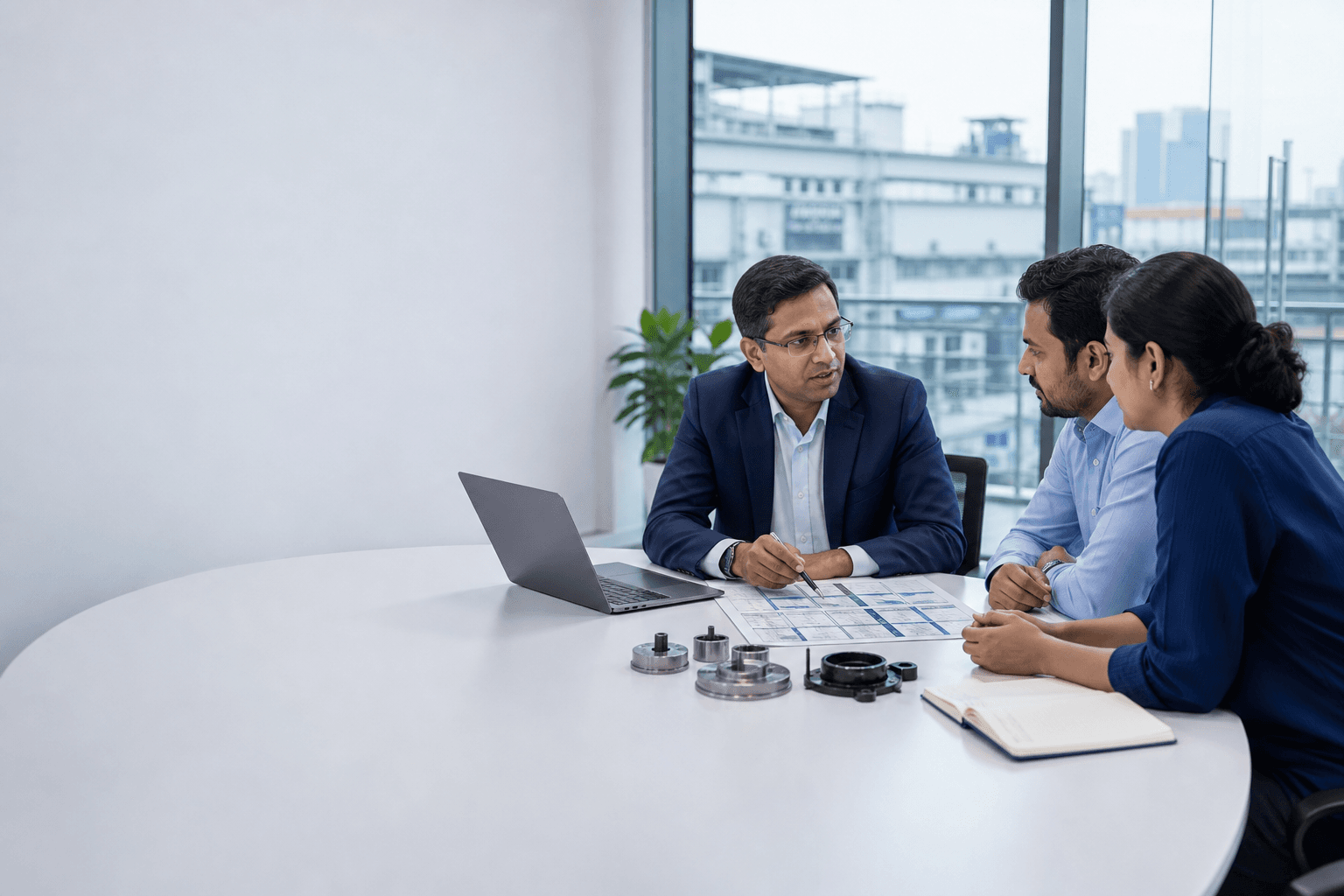 An Indian procurement consultant discussing a sourcing comparison with client operations leaders