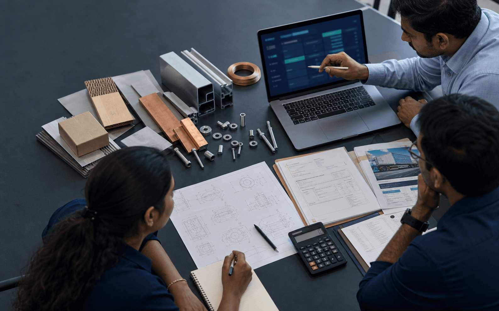 Procurement specialists analysing industrial material samples, technical drawings, and cost inputs