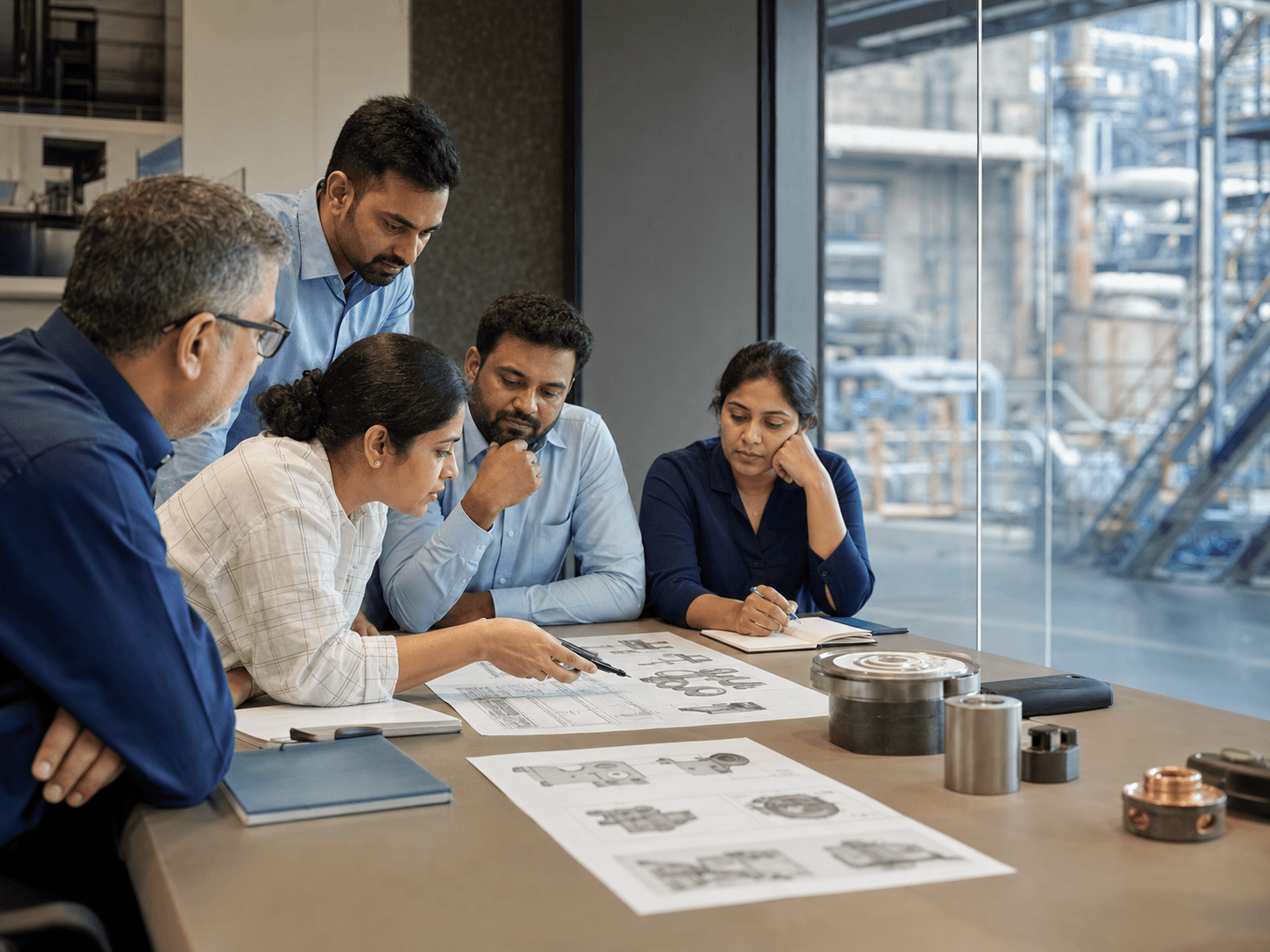 Industrial professionals discussing component drawings and operating requirements