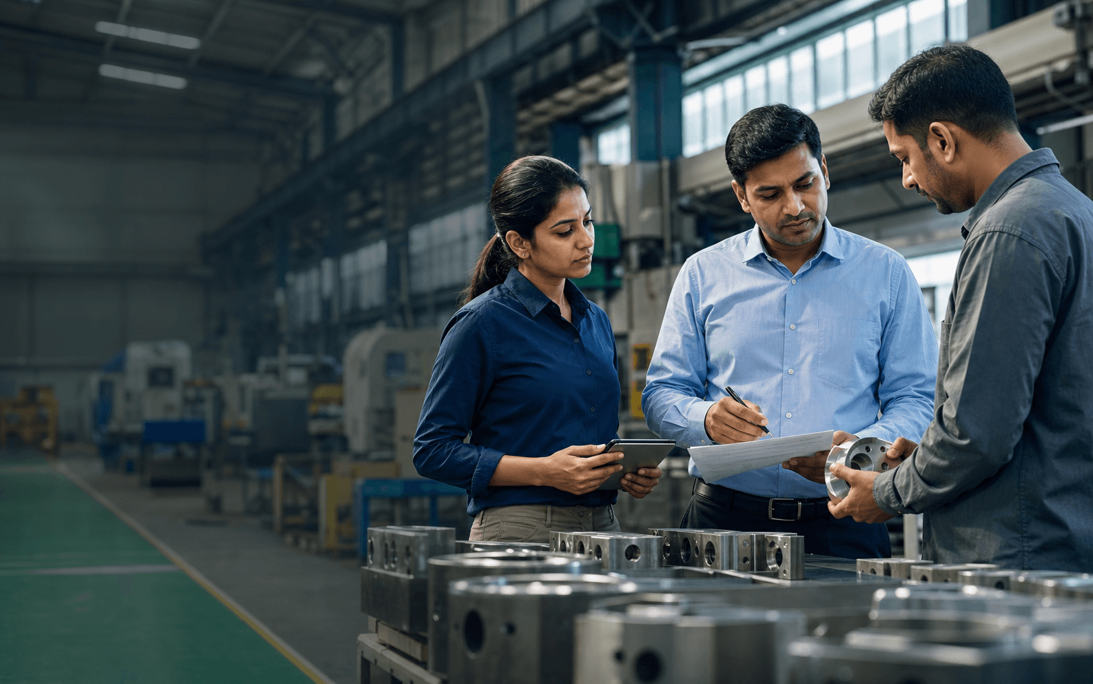 Procurement professionals reviewing supplier capability and precision components